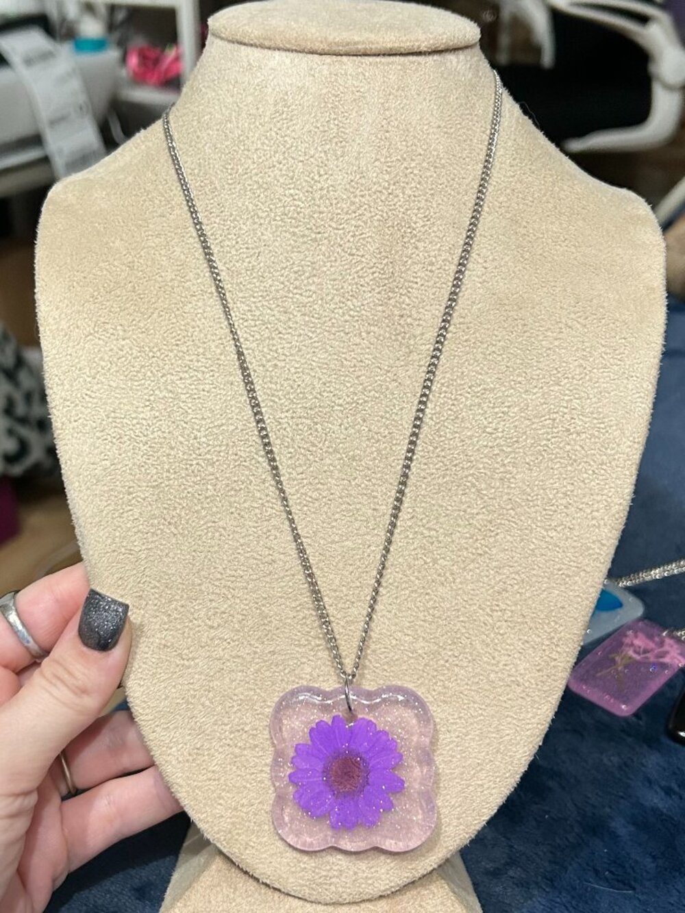 Purple Daisy Flower Resin Pendant Necklace